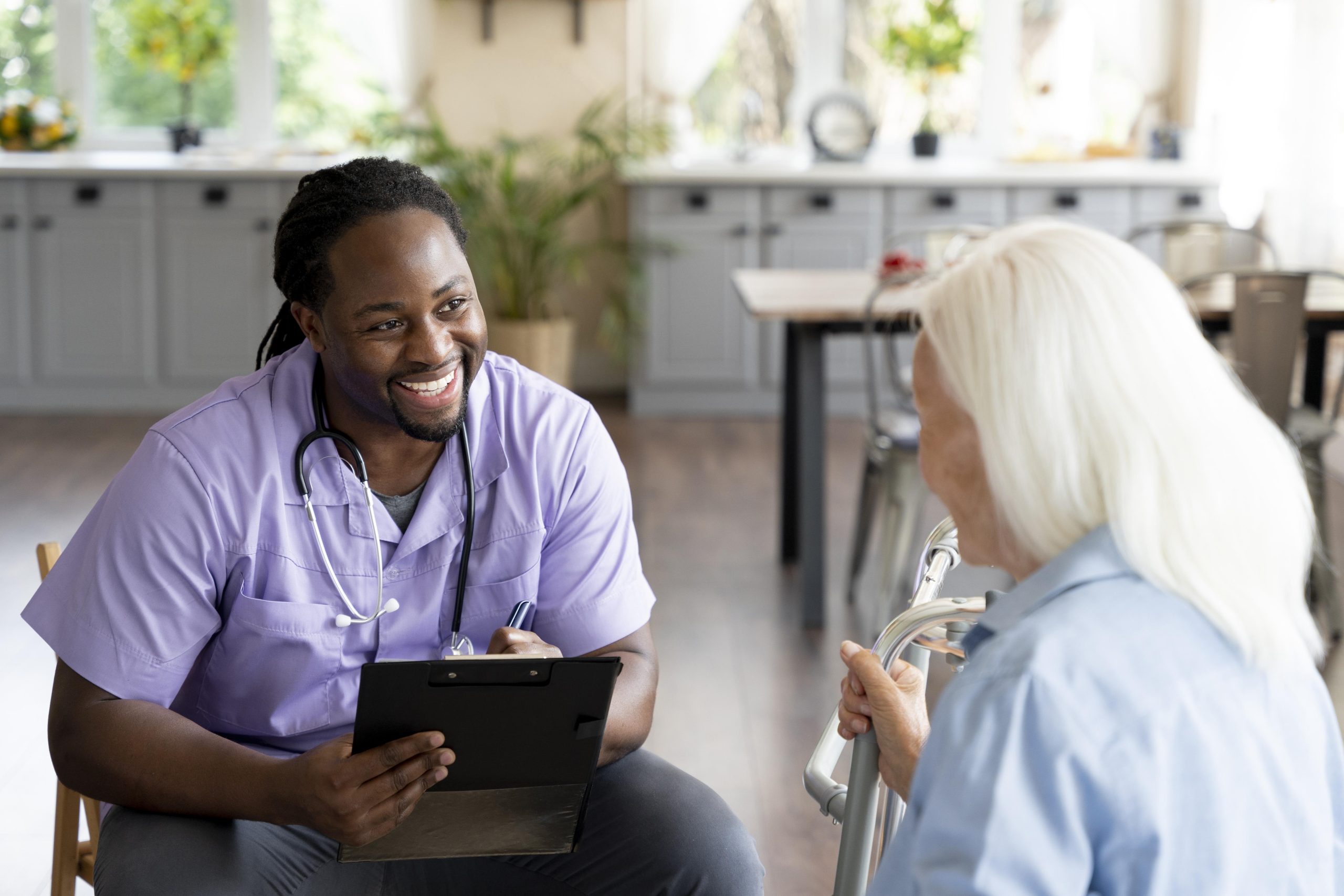 social worker taking care senior woman